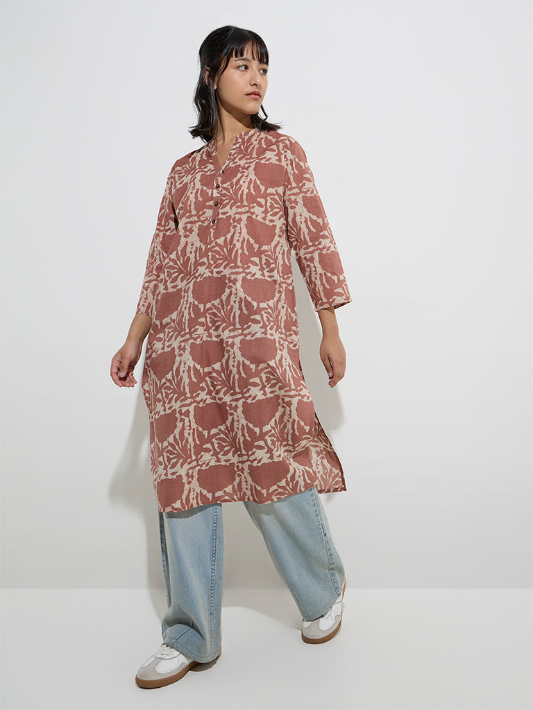 Utsa Brown Floral Pattern Cotton Straight Kurta - Image 3