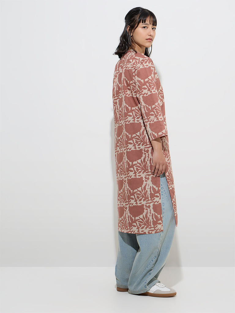 Utsa Brown Floral Pattern Cotton Straight Kurta - Image 4