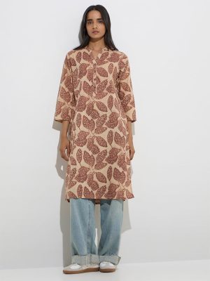 Utsa Brown Botanical Design Straight Cotton Kurta