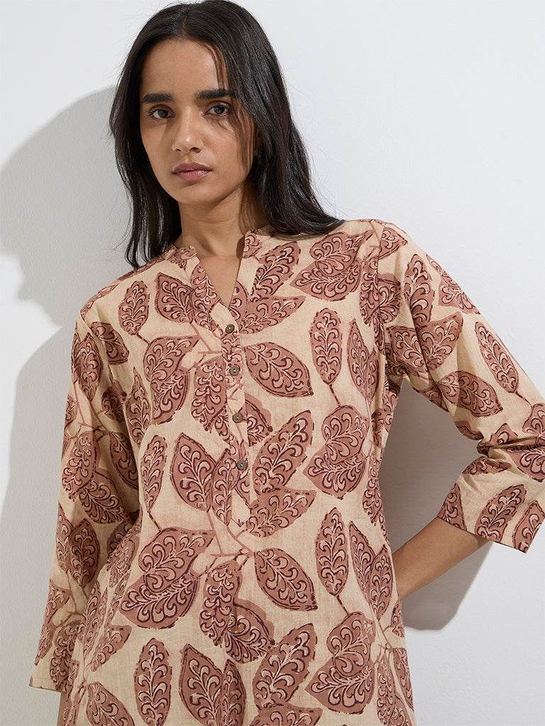 Utsa Brown Botanical Design Straight Cotton Kurta - Image 3