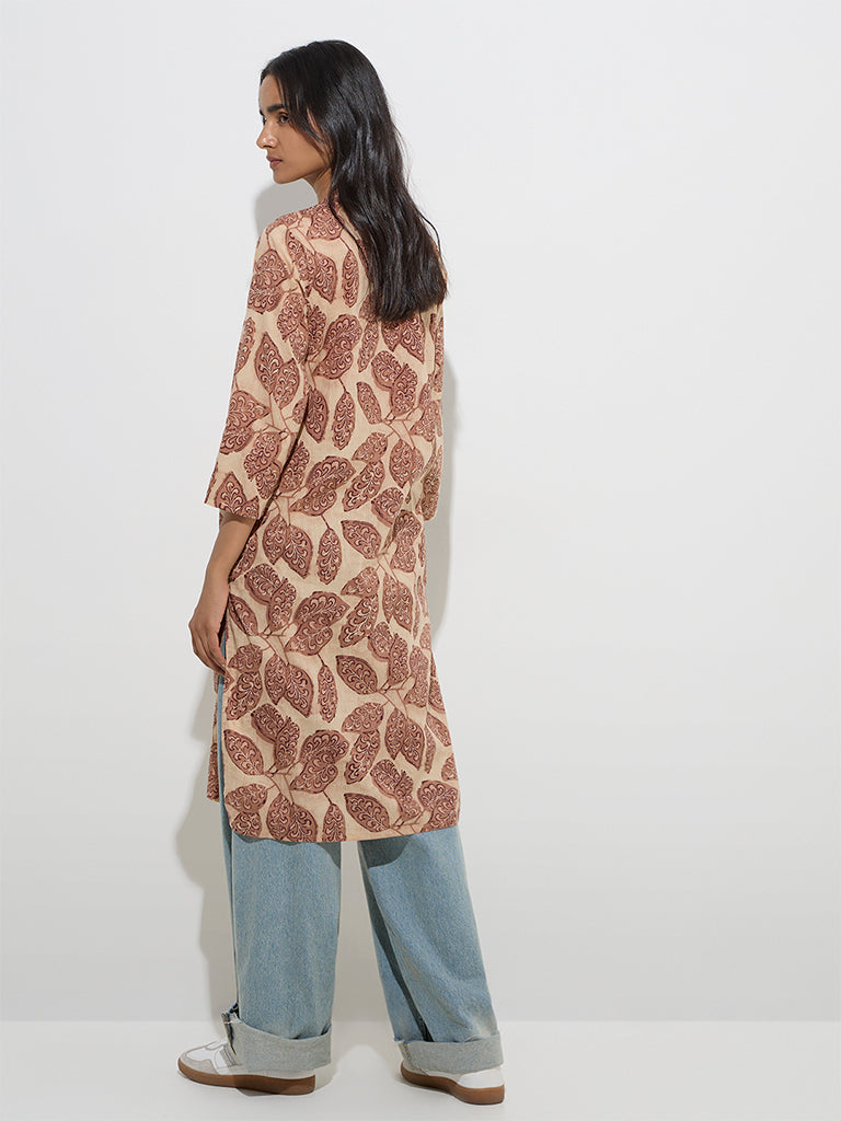 Utsa Brown Botanical Design Straight Cotton Kurta - Image 4