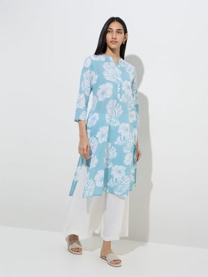 Utsa Blue Leaf Printed Straight Cotton Kurta