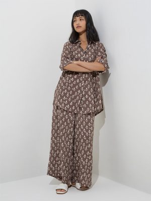 Utsa Taupe Botanical Pattern Palazzos