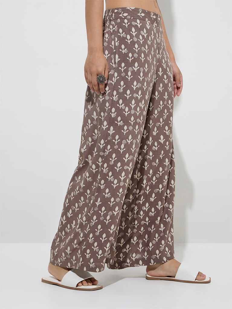 Utsa Taupe Botanical Pattern Palazzos - Image 2