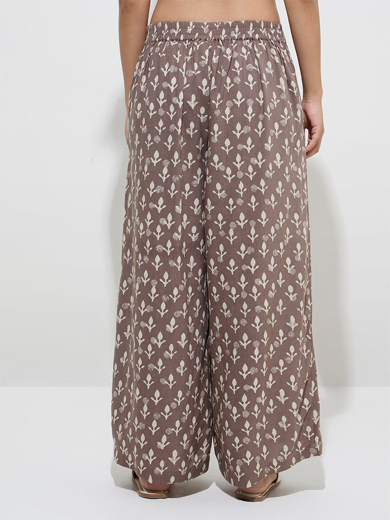 Utsa Taupe Botanical Pattern Palazzos - Image 4