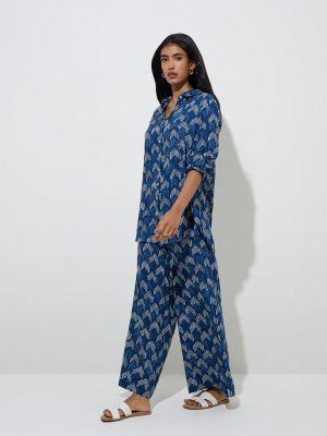 Utsa Navy Blue Printed High-Rise Ethnic Pants