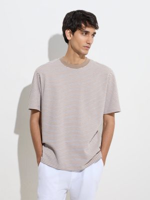 WES Lounge Beige Striped Relaxed-Fit Cotton-Blend T-Shirt