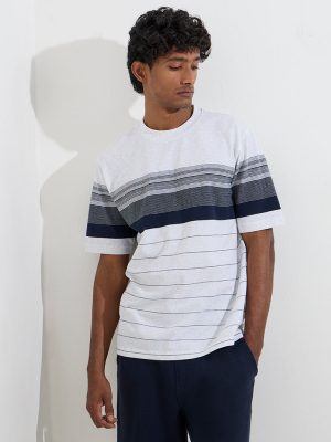WES Lounge Grey Striped Relaxed-Fit Cotton-Blend T-Shirt
