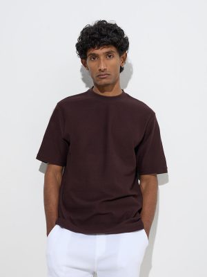WES Lounge Brown Self Relaxed-Fit Cotton-Blend T-Shirt