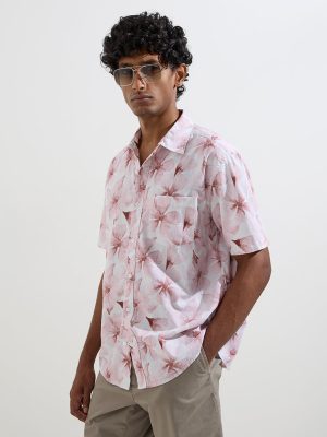 WES Casuals Dusty Pink Printed Relaxed-Fit Cotton Shirt