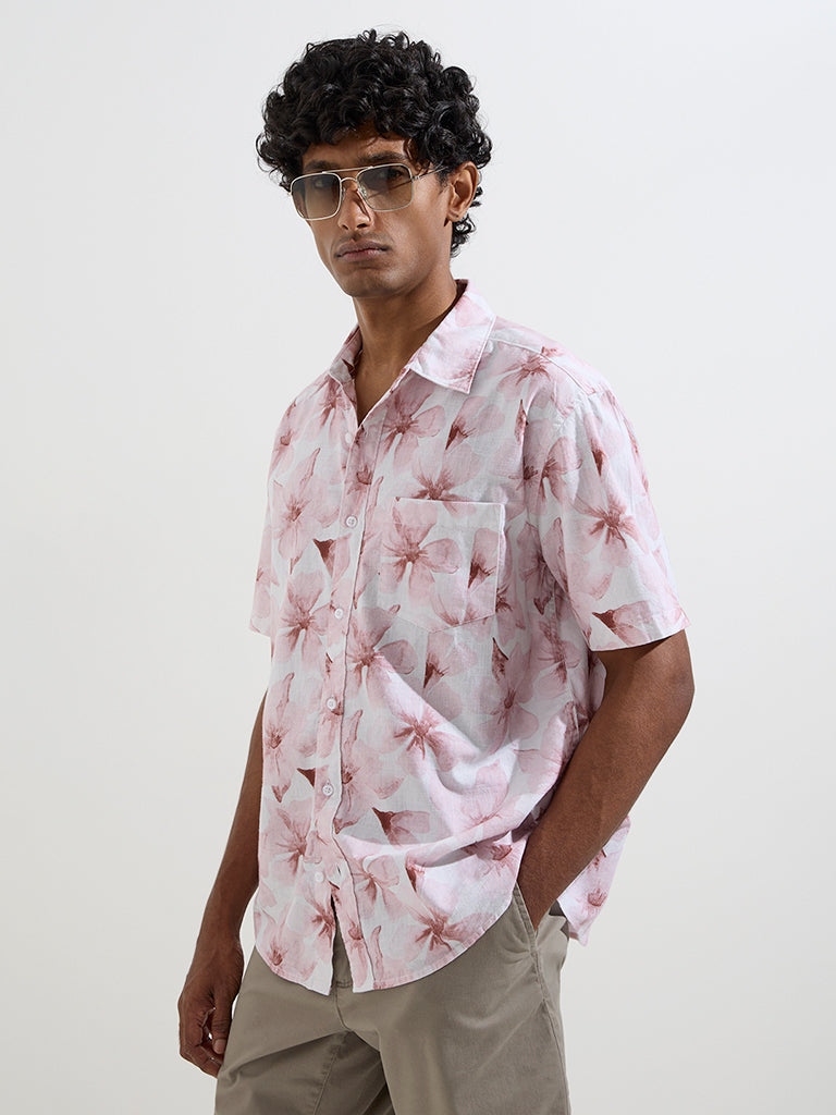WES Casuals Dusty Pink Printed Relaxed-Fit Cotton Shirt