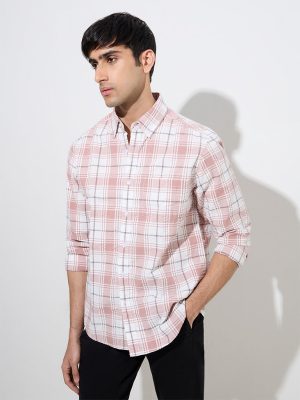 WES Casuals Dusty Pink Checks Design Relaxed-Fit Cotton Shirt