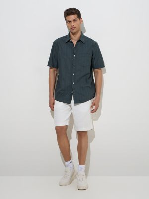 WES Casuals Dark Green Self Relaxed-Fit Cotton Shirt