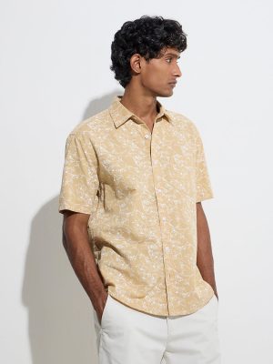 WES Casuals Mustard Floral Relaxed-Fit Cotton-Blend Shirt