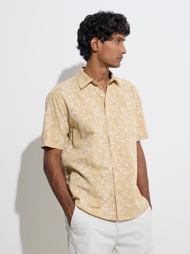 WES Casuals Mustard Floral Relaxed-Fit Cotton-Blend Shirt