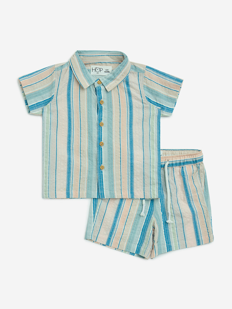 HOP Baby Multicolour Striped Cotton Shirt and Shorts Set
