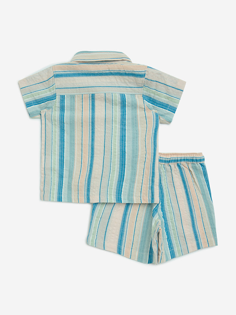 HOP Baby Multicolour Striped Cotton Shirt and Shorts Set - Image 2