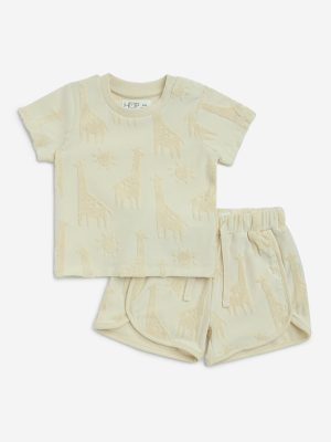 HOP Baby Beige Animal Design Cotton T-Shirt and Shorts Set