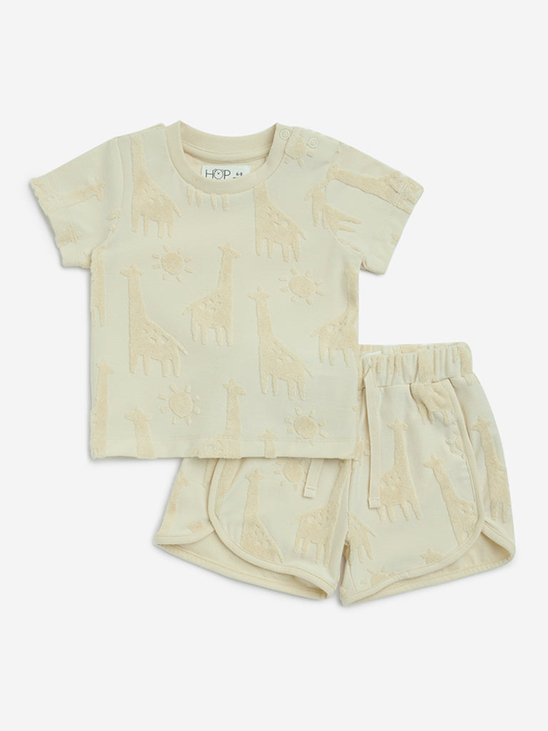 HOP Baby Beige Animal Design Cotton T-Shirt and Shorts Set