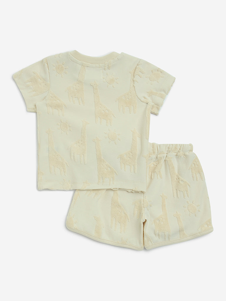HOP Baby Beige Animal Design Cotton T-Shirt and Shorts Set - Image 2
