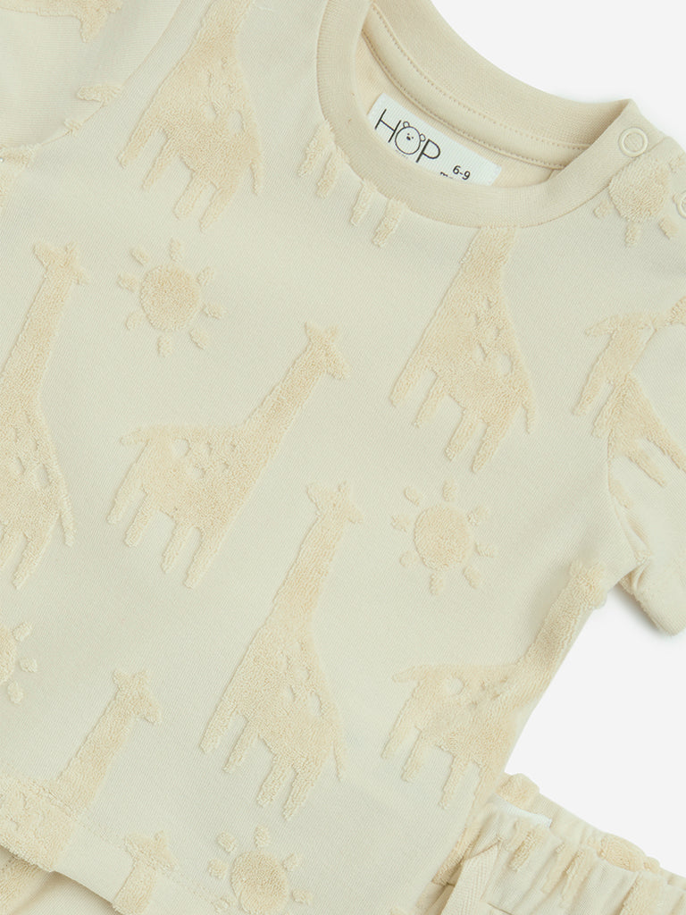 HOP Baby Beige Animal Design Cotton T-Shirt and Shorts Set - Image 3