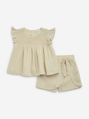 HOP Baby Beige Knit-Textured Cotton Top and Shorts Set