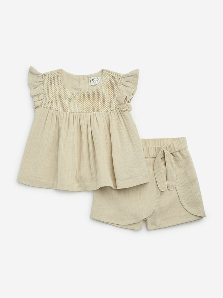 HOP Baby Beige Knit-Textured Cotton Top and Shorts Set