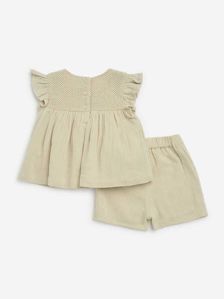 HOP Baby Beige Knit-Textured Cotton Top and Shorts Set - Image 2