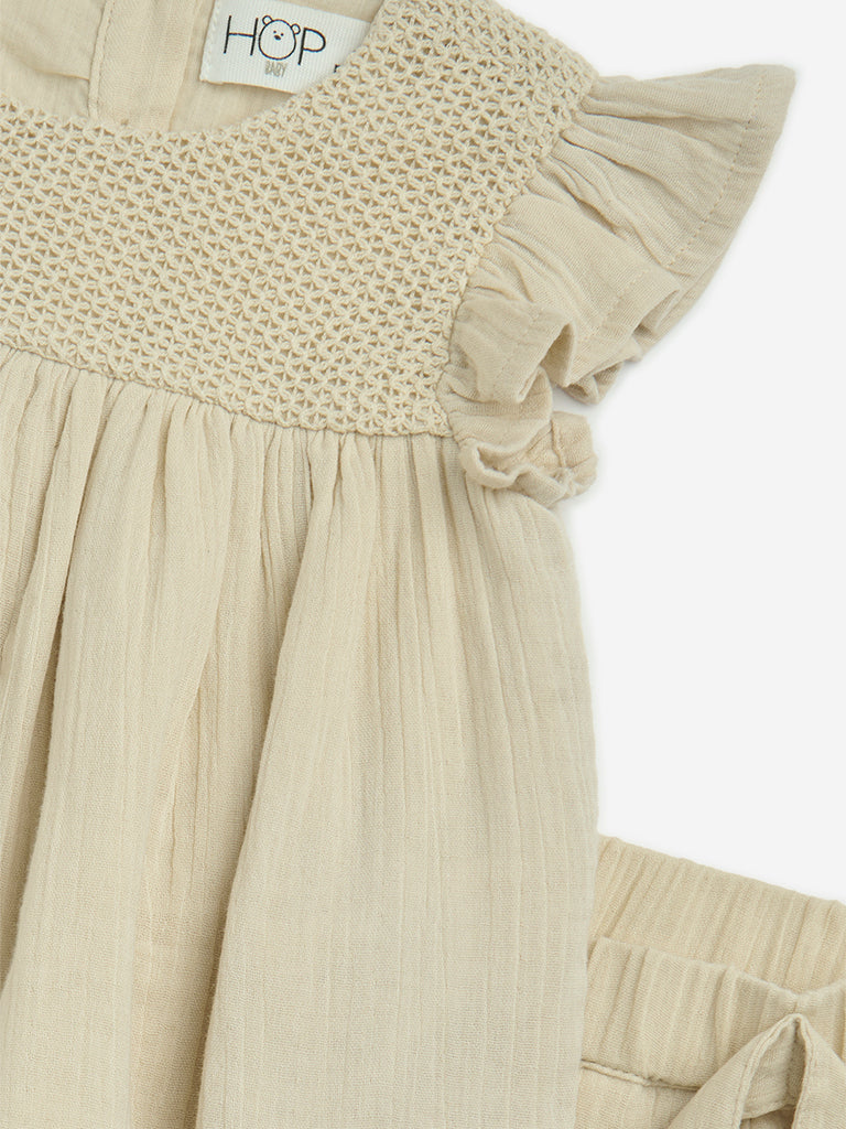 HOP Baby Beige Knit-Textured Cotton Top and Shorts Set - Image 3