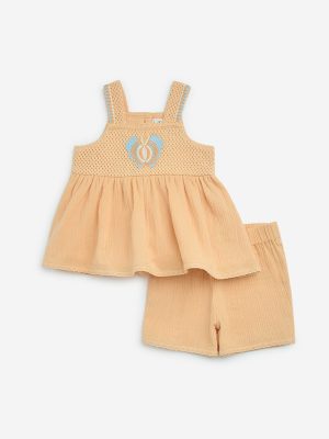 HOP Baby Orange Embroidered Cotton Top and Shorts Set