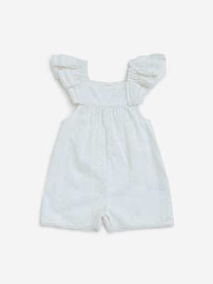 HOP Baby White Schiffli-Detailed Cotton Romper