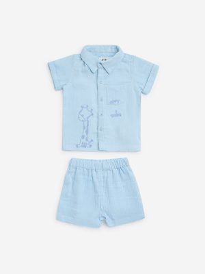 HOP Baby Blue Embroidered Cotton Shirt with Shorts Set