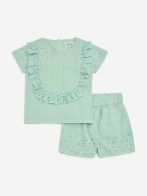 HOP Baby Sage Schiffli Design Cotton Top with Shorts Set