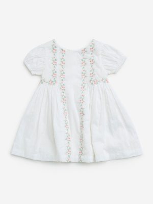 HOP Baby White Floral Embroidered Cotton A-Line Dress