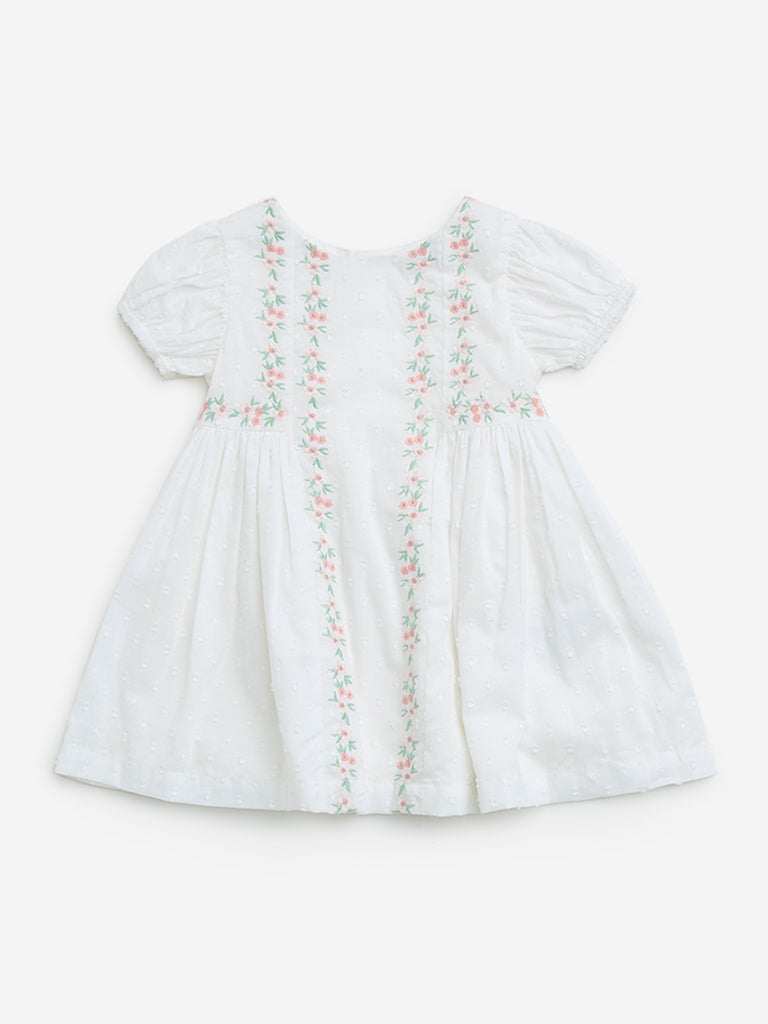 HOP Baby White Floral Embroidered Cotton A-Line Dress