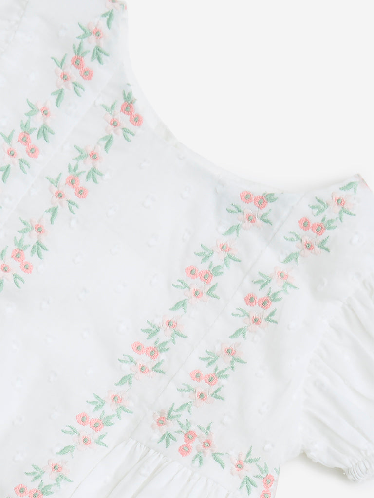 HOP Baby White Floral Embroidered Cotton A-Line Dress - Image 3