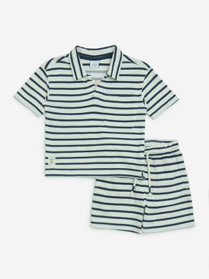 HOP Kids Navy Striped Cotton T-Shirt and Shorts Set