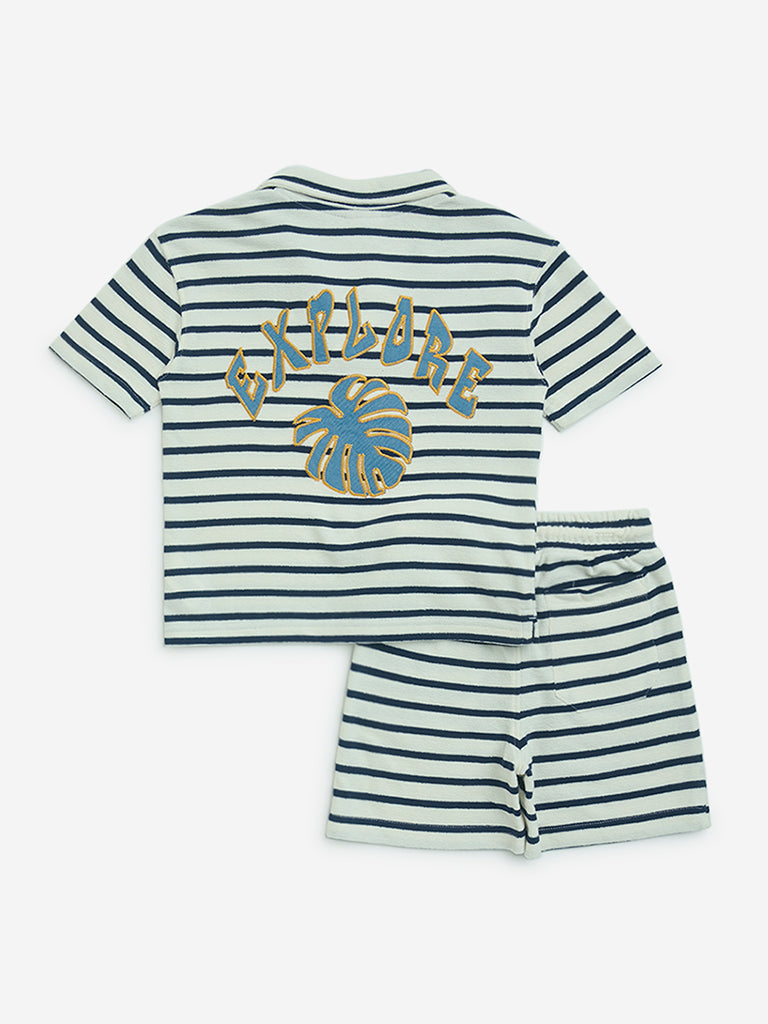 HOP Kids Navy Striped Cotton T-Shirt and Shorts Set - Image 2