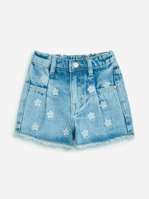HOP Kids Blue Floral Design High-Rise Denim Shorts