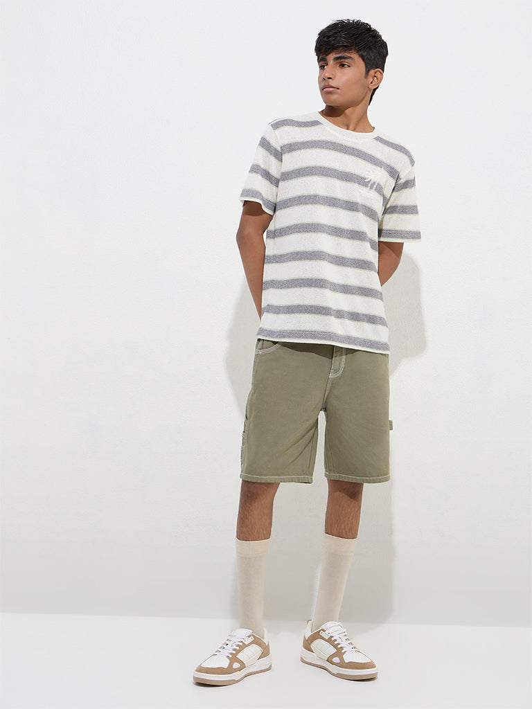 Y&F Kids Off-White Striped Cotton-Blend T-Shirt