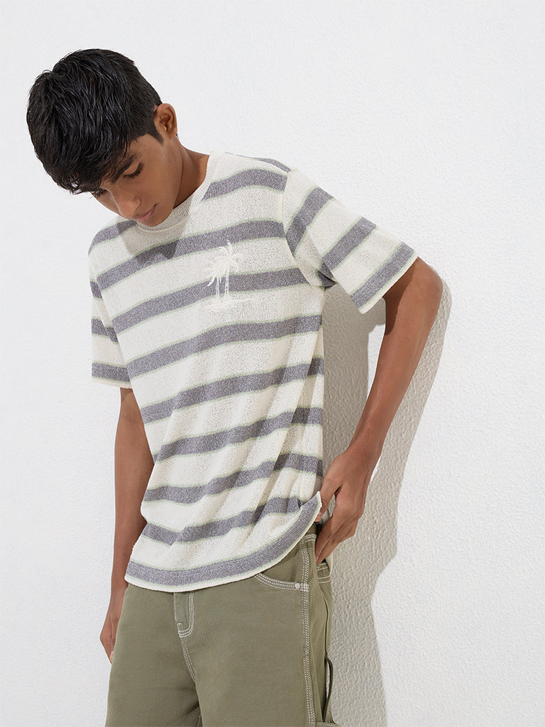 Y&F Kids Off-White Striped Cotton-Blend T-Shirt - Image 2