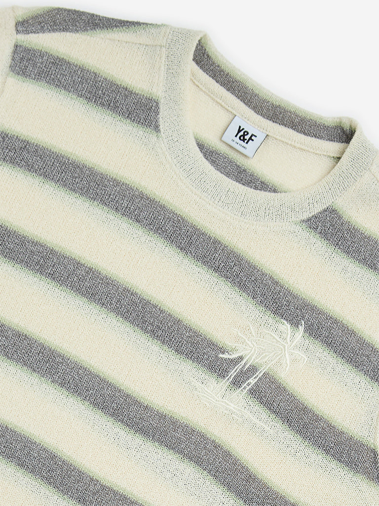 Y&F Kids Off-White Striped Cotton-Blend T-Shirt - Image 5