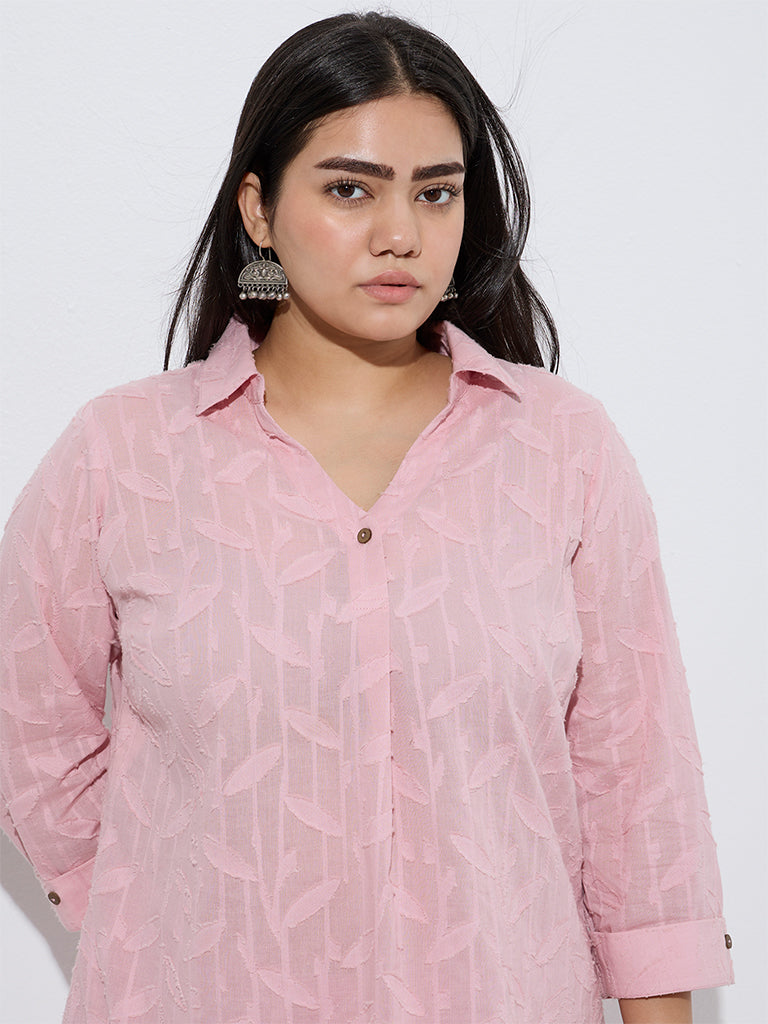 Diza Pink Leaf Design Cotton Ethnic Tunic - Image 3