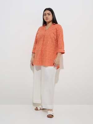 Diza Orange Paisley Embroidered Cotton Tunic