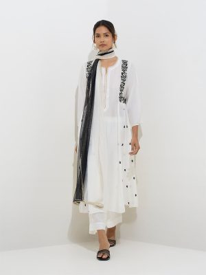 Vark White Embroidered A-Line Kurta. Palazzos and Dupatta Set