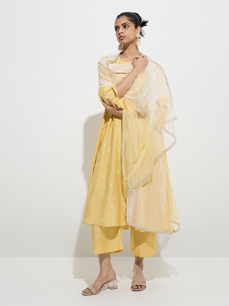 Vark Yellow Embroidered Kurta. Palazzos and Dupatta Set