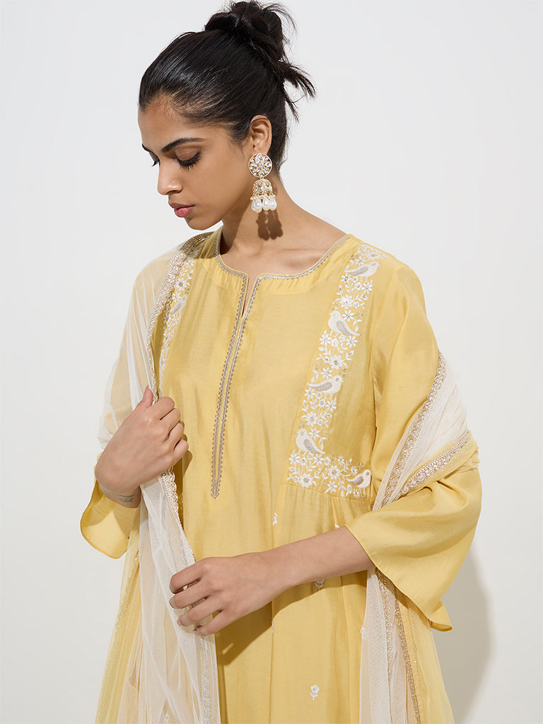 Vark Yellow Embroidered Kurta. Palazzos and Dupatta Set - Image 2