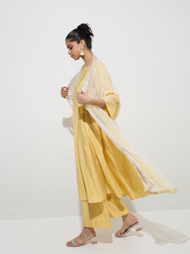Vark Yellow Embroidered Kurta. Palazzos and Dupatta Set - Image 3