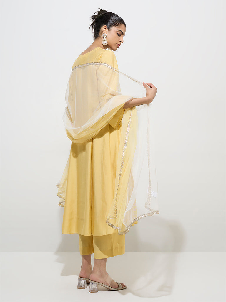 Vark Yellow Embroidered Kurta. Palazzos and Dupatta Set - Image 4