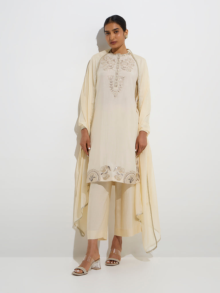 Vark Beige Floral Straight Kurta. Palazzos and Dupatta Set